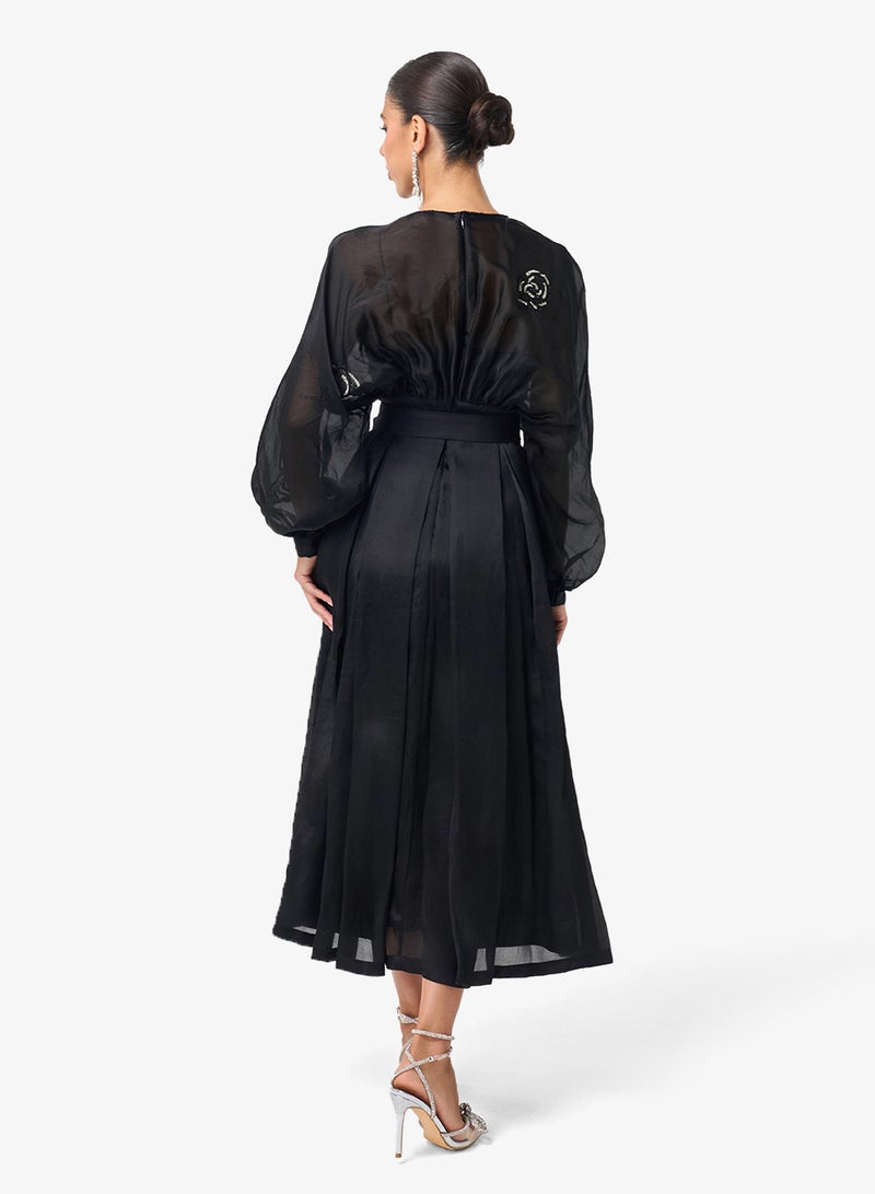 Threadz by Ajooni Embellished V-Neck Puff Sleeve Midi Dress - Image 2