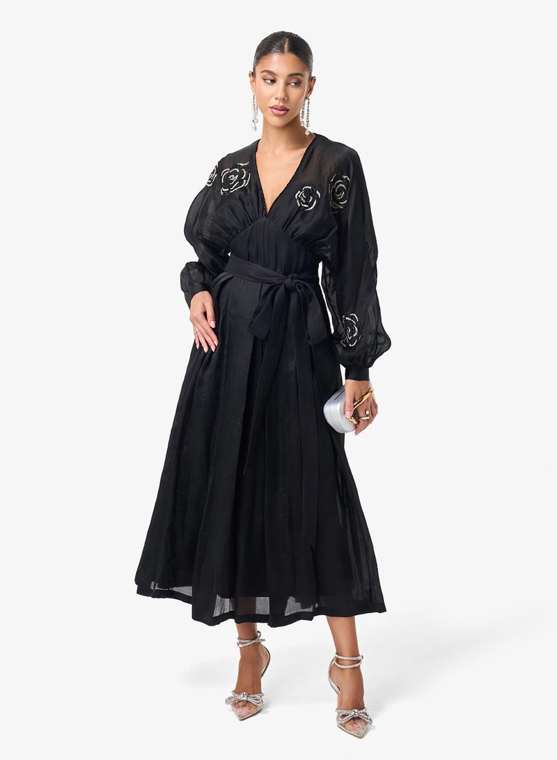 Threadz by Ajooni Embellished V-Neck Puff Sleeve Midi Dress - Image 1