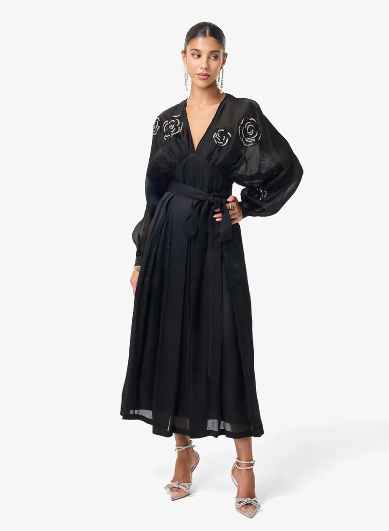 Threadz by Ajooni  Embellished V-Neck Puff Sleeve Midi Dress for Women | Best Price UAE