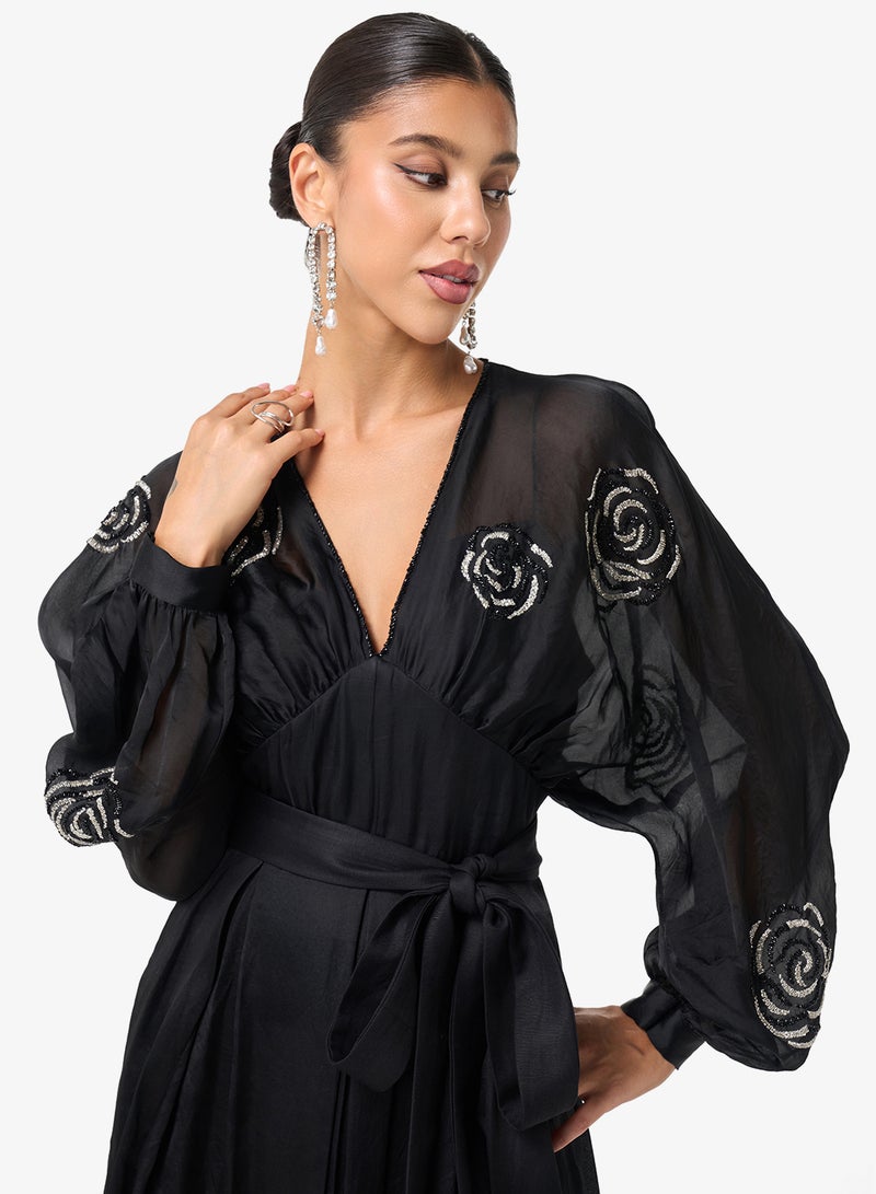 Threadz by Ajooni Embellished V-Neck Puff Sleeve Midi Dress - Image 3