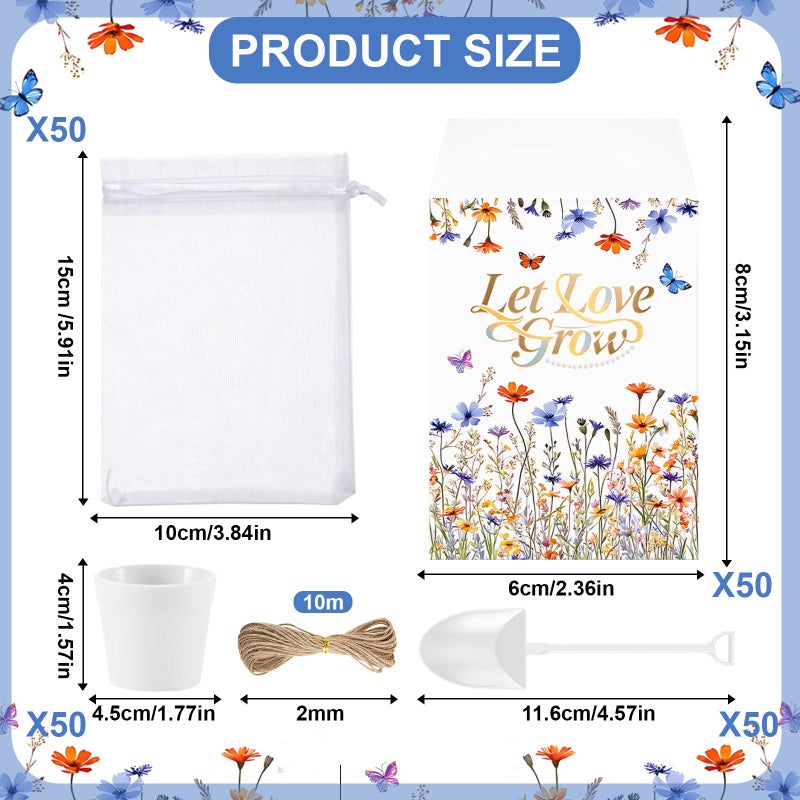 Ansberta 200 PCS Let Love Grow Wedding Favors for Guests Include 50 Flower Seed Packets 50 Pots 50 Organza Bags 50 Garden Shovel for Bridal Shower Wedding Party Favors, No Seeds - Image 2