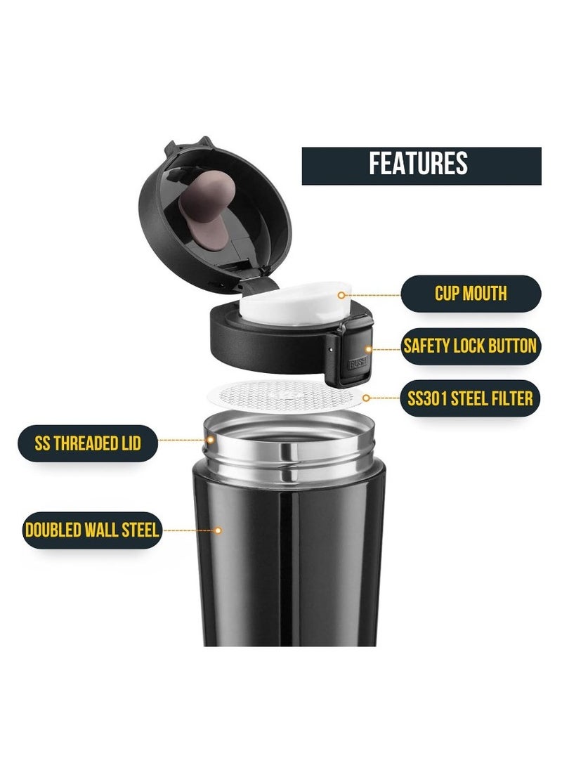 Generic - Original 350ml Thermal Mug and Flask, Vacuum-Insulated Stainless Steel 304 Thermal Bottle for Tea and Coffee, Retains Heat, Suitable for Travel, Hot and Cold Beverages, and Perfect for Kids and Infants. Features a Leak-Proof Design, Making It a Great Gift for Outdoor, Office, Home, and Sports Use. Available in an Elegant Black Satin Finish – Coffee, Nescafe, Cappuccino, and Tea Mug – Fits Car Cup Holders – Coffee Mug – Double-Wall Stainless Steel Insulation with a Mesh Filter and Foldable Lid to Keep Beverages Hot or Cold – Vacuum-Insulated Stainless Steel Thermal Cup with Double-Wall Design, Flip Lid, and Mesh Filter for Hot and Cold Drinks for Up to 6 Hours. - Image 1