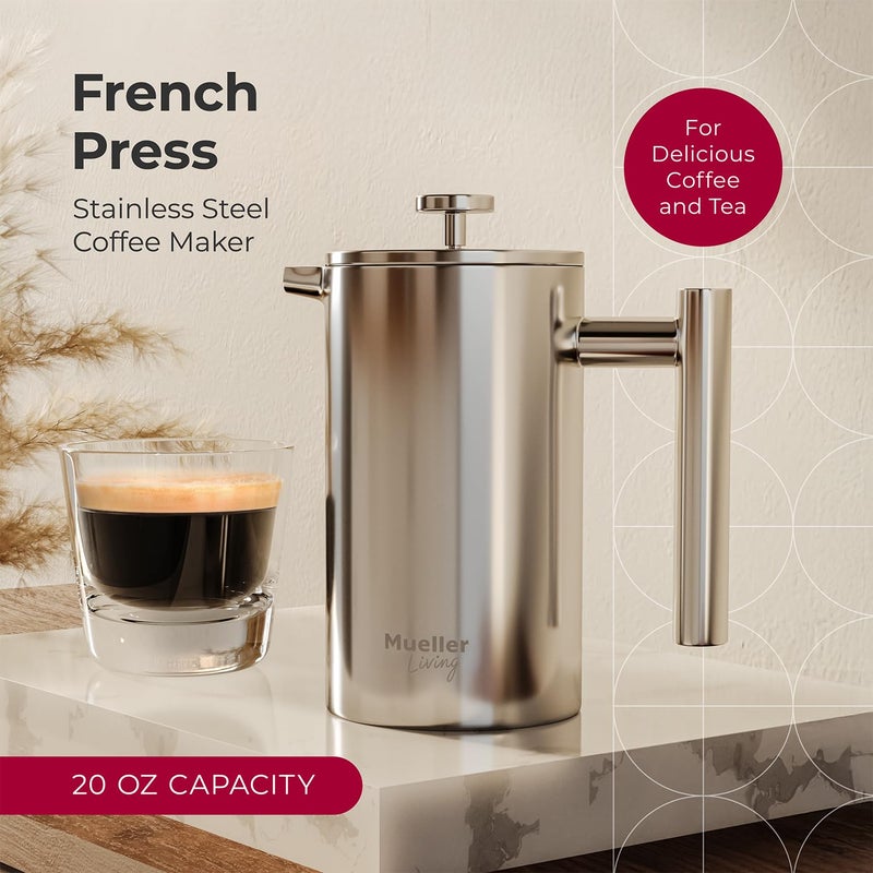 MuellerLiving French Press Coffee Maker 20oz, Stainless Steel French Press Coffee, 4 Filter Heat Resistant Double Insulated, Rust-Free, Food Grade, Dishwasher Safe Coffee Pot - Image 2
