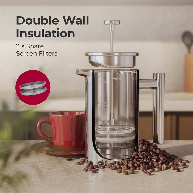 MuellerLiving French Press Coffee Maker 20oz, Stainless Steel French Press Coffee, 4 Filter Heat Resistant Double Insulated, Rust-Free, Food Grade, Dishwasher Safe Coffee Pot - Image 5