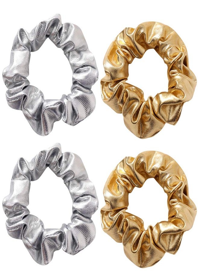 KINFENE 4 Pack Metallic Gold and Silver Bright Cloth Hair Scrunchies Hair Bobbles Elastics Ponytail Holders Hair Wrist Ties Bands Scrunchies for Show Gym Dance Party Club Girl Women - Image 1