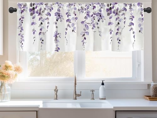 debraleye Watercolor Purple Leaves Window Valance for Bedroom Living Room, Lavender Leaf Vine Plant Curtains Valanes for Windows, 3" Rod Pocket Window Treatment for Home Decorations, 54 x 18 Inch, 1 Panel - Image 2
