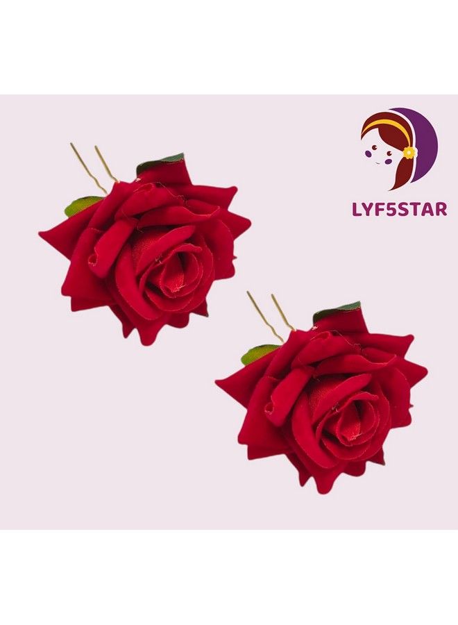 LYF5STAR Red Rose Flower Juda Hair Pin Handmade Combo Of 6 Quantity Red Hairpins Stylish Hair Accessories For Girls And Women Pack Of 6 - Image 5