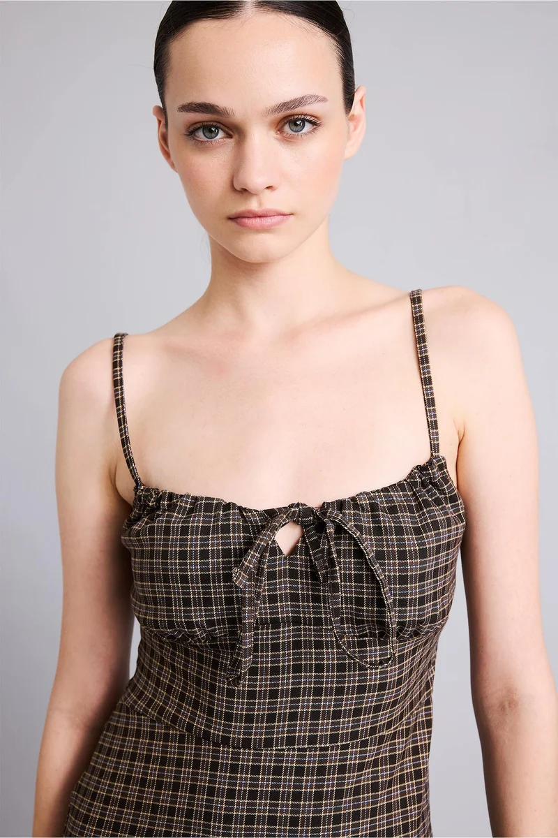 Defacto  Crew Neck Plaid Strappy Mini Dress for Women | Best Price UAE