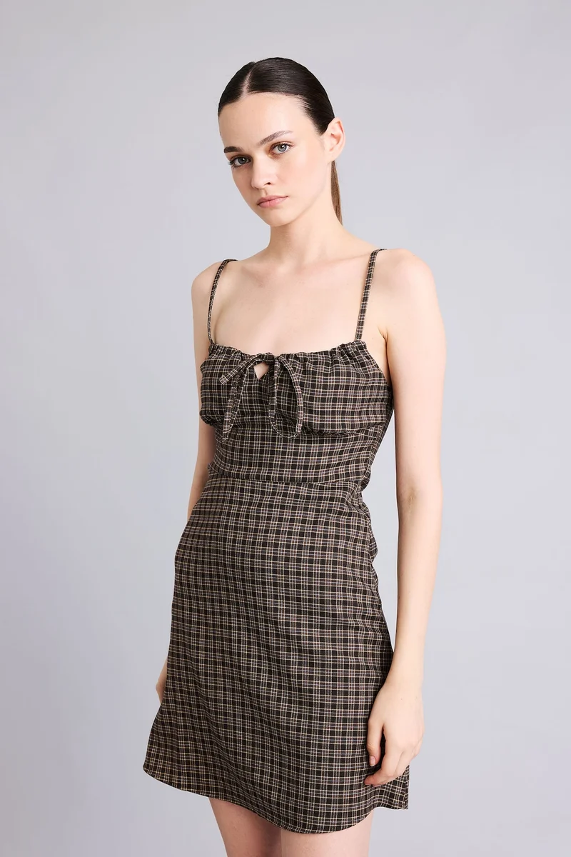 Defacto  Crew Neck Plaid Strappy Mini Dress for Women | Best Price UAE