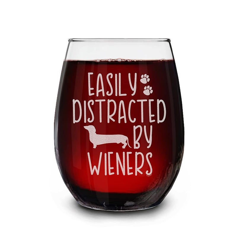 Shop4Ever shop4ever Easily Distracted By Wieners Engraved Stemless Wine Glass 15 oz Funny Dachshund Weiner Dog Mom Gift 