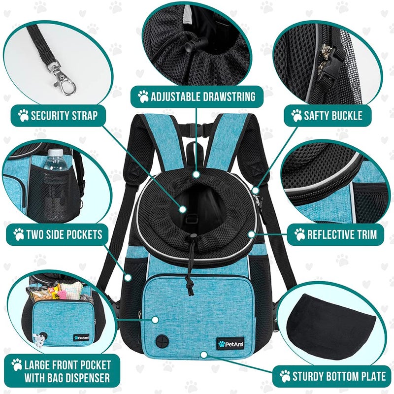 PetAmi Front Carrier Backpack for Dogs and Cats, Adjustable Ventilated Pet Chest Carrier for Hiking Camping Travel, Small Medium Dog Puppy Large Cat Carrying Bag, Max 10 lbs, Teal Blue - Image 4