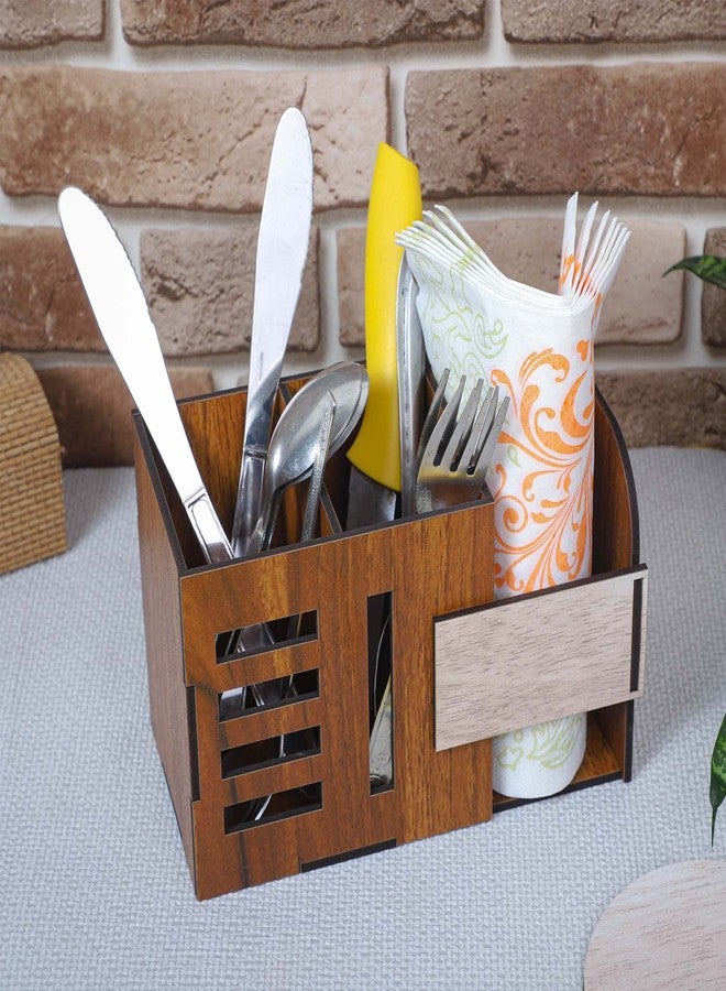 Smoni Syambaba Wooden Spoon & Tissue Holder | Prelam MDF Cutlery Stand with Napkin Holder | Multipurpose Kitchen Organizer for Spoons, Forks, Knives | Dining Table Storage Box (Brown) - Image 5