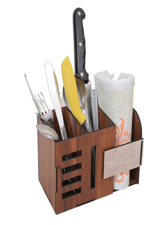 Smoni Syambaba Wooden Spoon & Tissue Holder | Prelam MDF Cutlery Stand with Napkin Holder | Multipurpose Kitchen Organizer for Spoons, Forks, Knives | Dining Table Storage Box (Brown) - Image 2