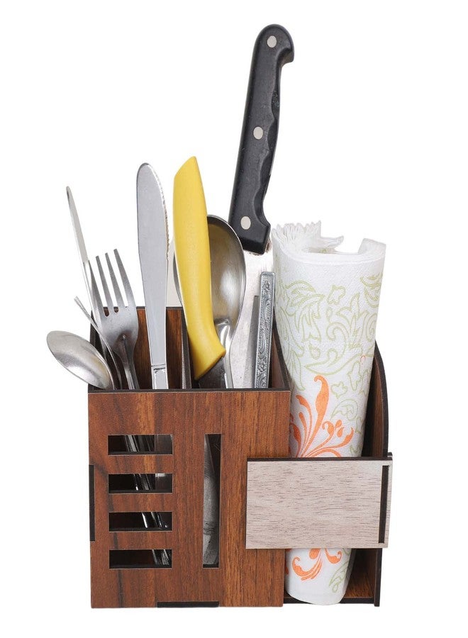 Smoni Syambaba Wooden Spoon & Tissue Holder | Prelam MDF Cutlery Stand with Napkin Holder | Multipurpose Kitchen Organizer for Spoons, Forks, Knives | Dining Table Storage Box (Brown) - Image 3
