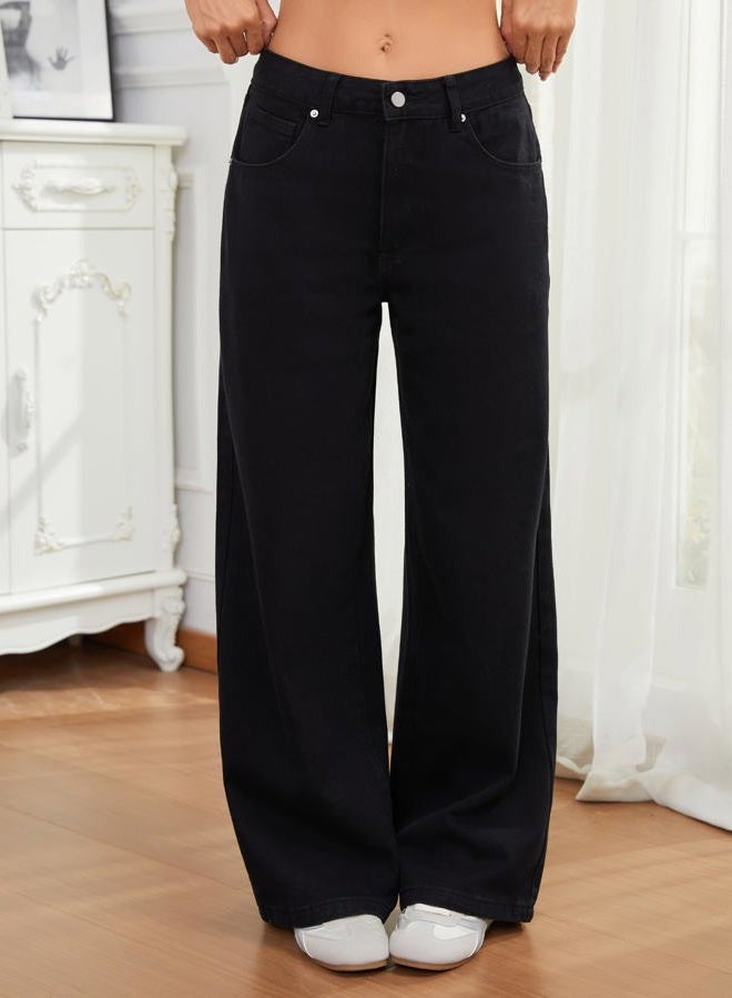Wanduyini Adjustable Waist Straight Leg Jeans for Women Y2K Baggy Jeans with Snap-Button Mid Low Rise Denim Pants, Black, L - Image 2