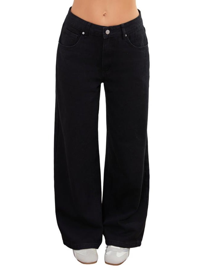 Wanduyini Adjustable Waist Straight Leg Jeans for Women Y2K Baggy Jeans with Snap-Button Mid Low Rise Denim Pants, Black, L - Image 1
