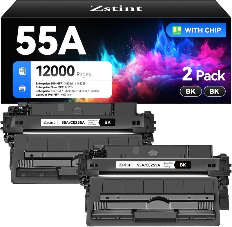 Zstint 55A Toner Cartridge - Black High Yield Compatible with HP 55A 55X CE255A CE255X to Compatible with P3015 P3015dn P3015x Pro 500 MFP M521dn M521dw M525dn M525f M525c Series Printer(Black 2-Pack) - Image 1
