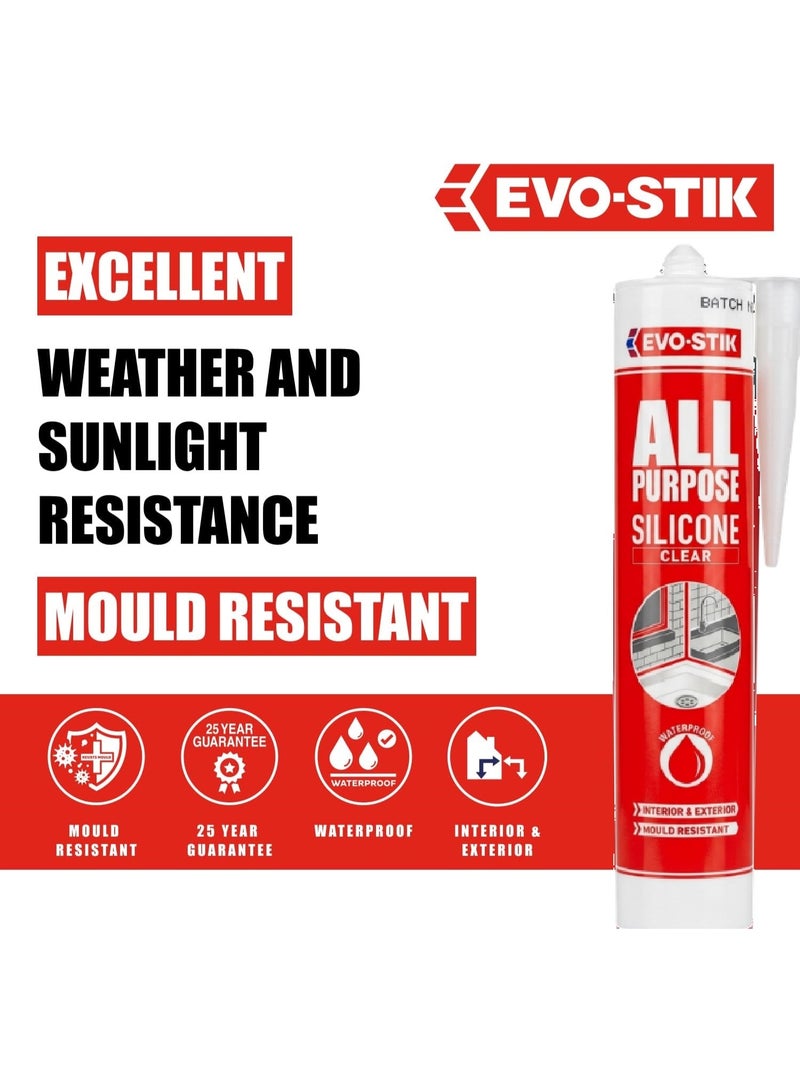 EVO-STIK All Purpose Clear Silicone Sealant Anti Mould Waterproof Interior Exterior 280 ML - Image 2