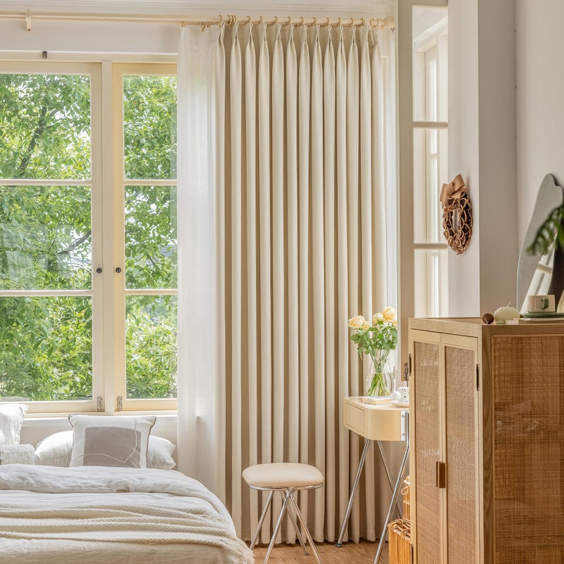 OYRING Pinch Pleat Curtain Room Darkening 108 Inches Long Thermal Insulated Solid Long Pleated Drape Panel with Tieback for Bedroom Living Room 52 W x 108 L Beige Cream 1 Panel