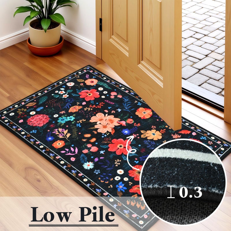 Terrug Floral Entryway Rug, 2x3 Black Rug Boho Washable Kitchen Throw Rugs, Soft Low Pile Cute Small Rugs, Non-Slip Stain Resistant Vintage Carpet for Entryway Bedroom Kitchen Bathroom Laundry - Image 5