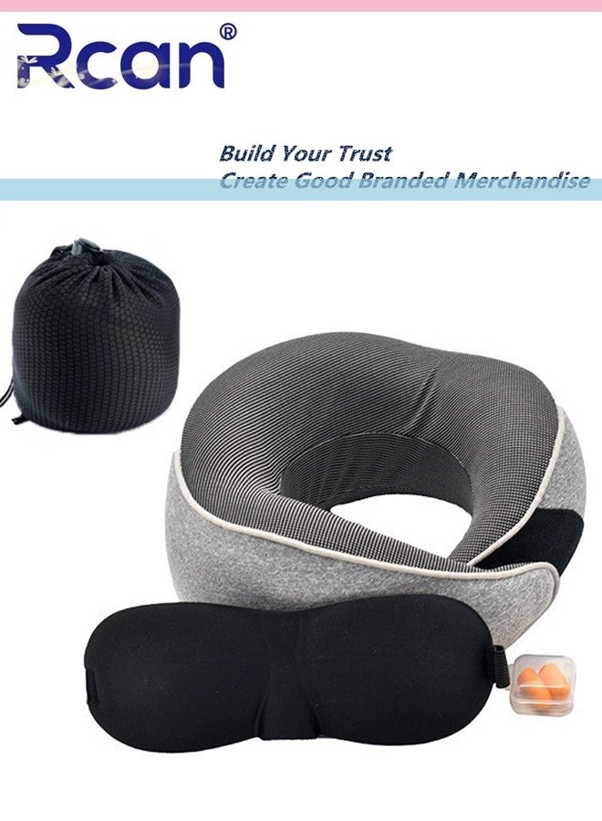 Rcan Travel Pillow for Airplane Neck Pillow for Travel Memory Cotton Travel Neck Pillow for Adults Adjustable Flight Pillow Ergonomic Neck Cushion With Ear Plugs Eye Mask Carry Bag - Image 1