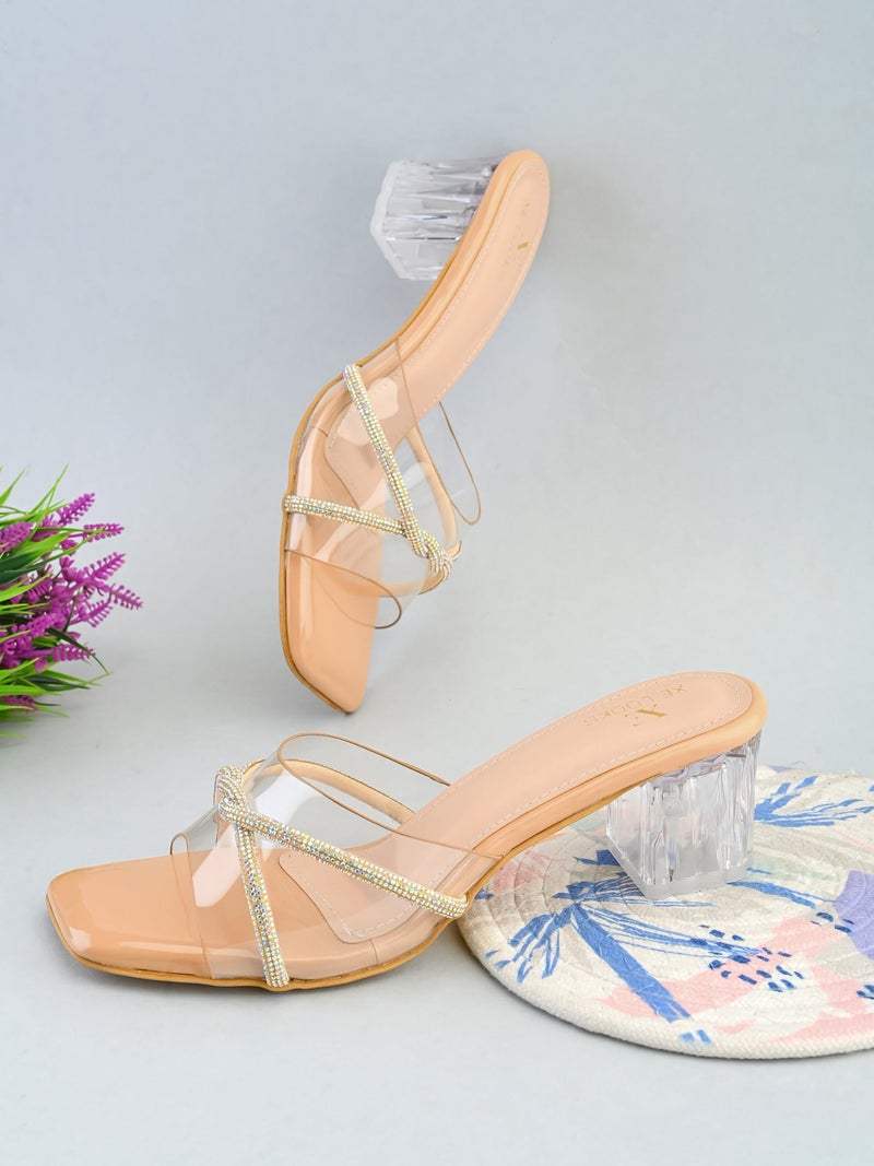 XE Looks Beige Patent Block Heels With Transparent Straps | Rhinestone Embellished Upper | Stylish Square Toe Sandals | Beige Glossy Block Heels for Girls - Image 2