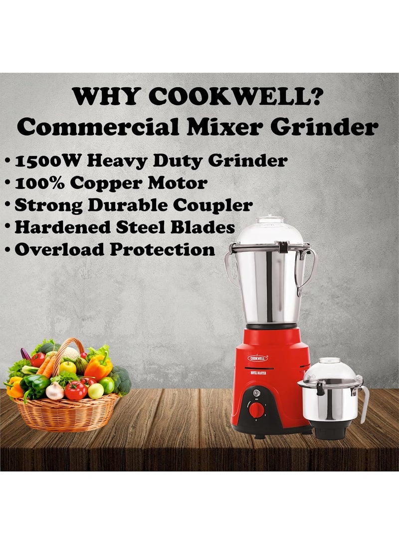 Cookwell Commercial Mixer Grinder 1500 W for Cafes, Restaurants, Hotels, Canteens (2 HP - 2 Jar), Red - Image 3