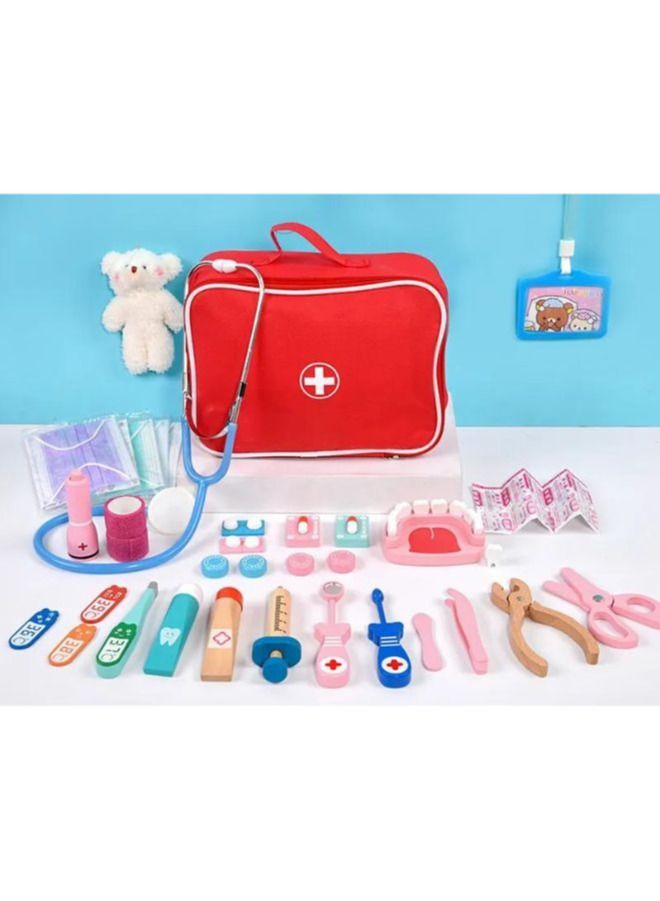Wooden Pretend Play Doctor Set Educational Toys For Kids Simulation Medicine Chest Kit Dentist Nurse Games Medical Toys For Kids, Red - Image 1