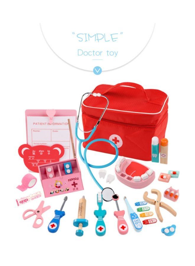 Wooden Pretend Play Doctor Set Educational Toys For Kids Simulation Medicine Chest Kit Dentist Nurse Games Medical Toys For Kids, Red - Image 2