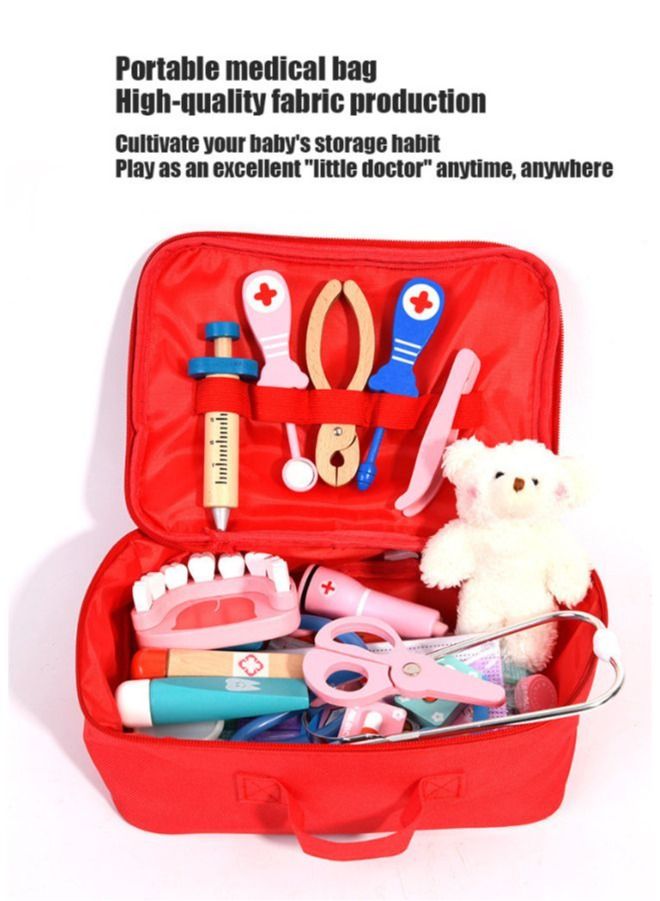 Wooden Pretend Play Doctor Set Educational Toys For Kids Simulation Medicine Chest Kit Dentist Nurse Games Medical Toys For Kids, Red - Image 3