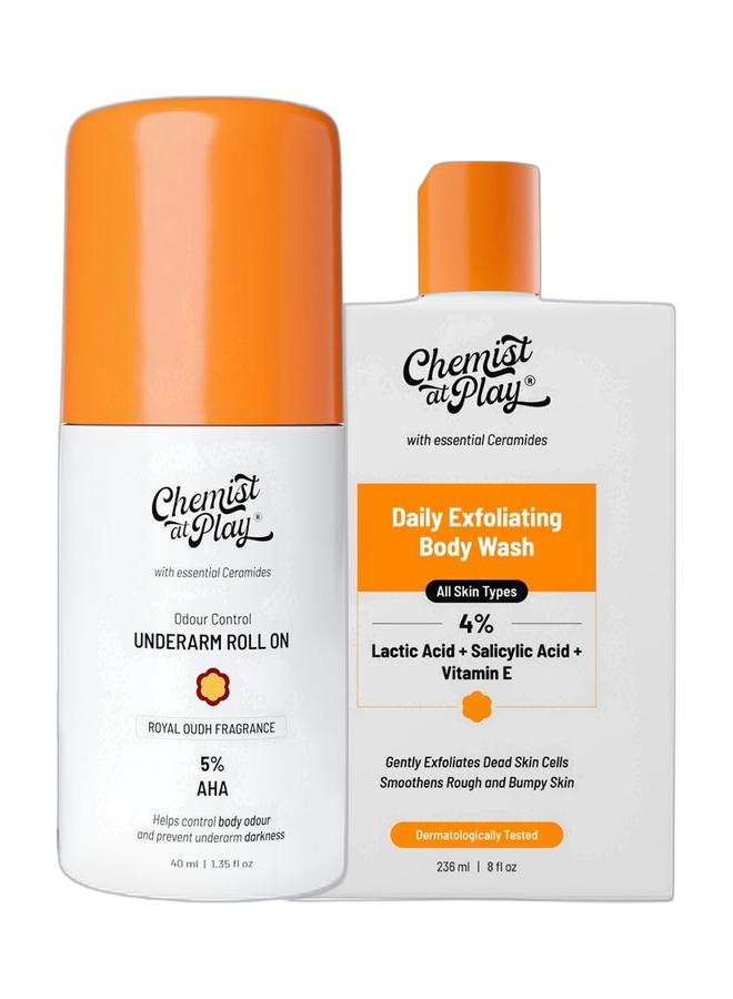 Chemist at Play Underarm Roll-On With 5% Aha, Lactic Acid And 1% Mandelic Acid | Prevents Body Odour, Brightens Skin And Exfoliates Underarm | For Sensitive Skin | Royal Oudh Fragrance | Alcohol Free & Exfoliating Body Wash | 4% (Salicylic Acid, Vitamin E And Lactic Acid) | Paraben And Sls Free | Removes Tan| Prevents Dry, Rough, Bumpy Skin | Men And Women Bundle - Image 1