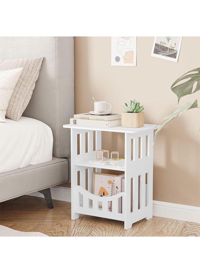 Hihonor 3 Tier Bedside Table, End Table with Storage Shelf Basket, Side Table Small Spaces, Slim Coffee Tables, White Nightstand, Sofa Table for Living Room, Bedroom, Bathroom, Balcony - Image 1