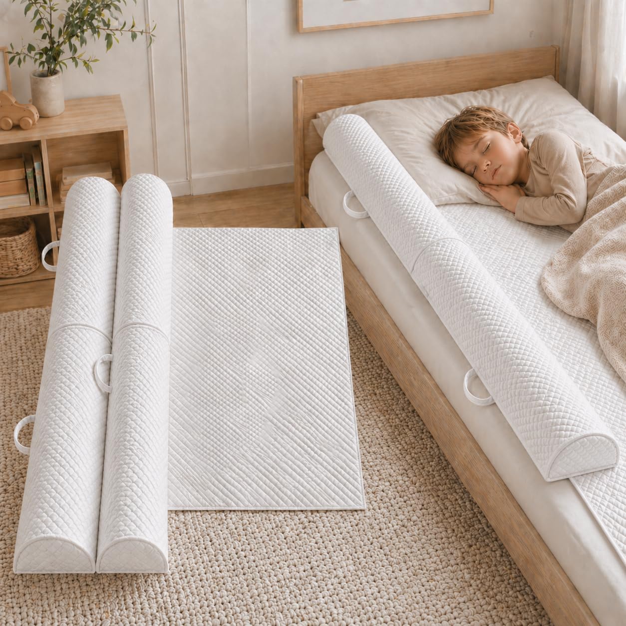 Toddler Bed Rail Bumpers, 2 Pack Foldable Foam Bed Guards with Waterproof Pads, Non-Slip Base and Washable Cover, Fits Twin, Full, Queen and King Mattresses
