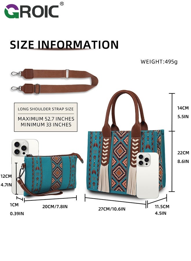 GROIC 2 Pcs Boho Chic Tote Bag Set with Adjustable Strap, Large Capacity Vintage Ethnic Style Shoulder Canvas Bags for Women, Vacation Handbags, Travel Bags - Image 2