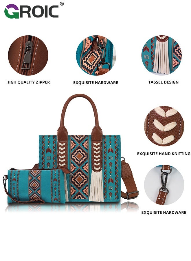 GROIC 2 Pcs Boho Chic Tote Bag Set with Adjustable Strap, Large Capacity Vintage Ethnic Style Shoulder Canvas Bags for Women, Vacation Handbags, Travel Bags - Image 4