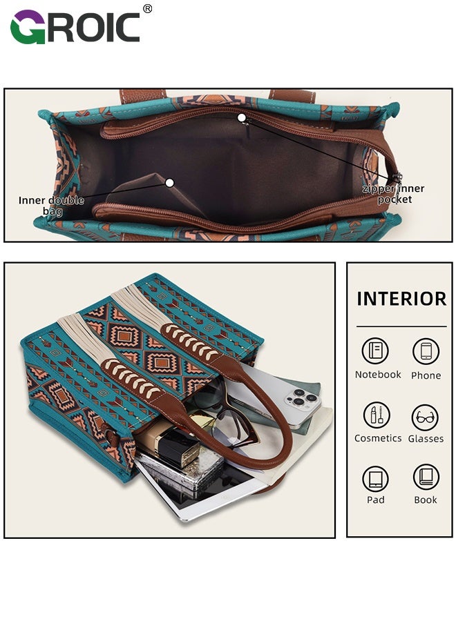 GROIC 2 Pcs Boho Chic Tote Bag Set with Adjustable Strap, Large Capacity Vintage Ethnic Style Shoulder Canvas Bags for Women, Vacation Handbags, Travel Bags - Image 5