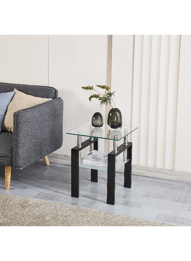 Generic 1PC Modern Clear End Tables - Two Tiered Glass Nightstand Side Table Square Tempered Glass Table with Black Metal Frame for Living Room or Bedroom  - Image 2