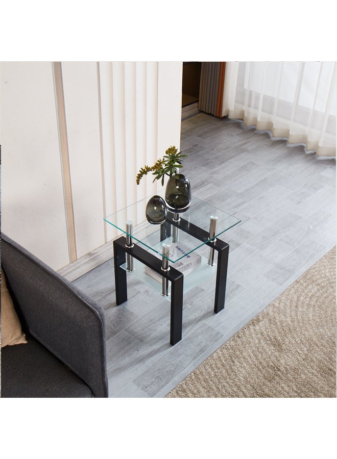 Generic 1PC Modern Clear End Tables - Two Tiered Glass Nightstand Side Table Square Tempered Glass Table with Black Metal Frame for Living Room or Bedroom  - Image 5