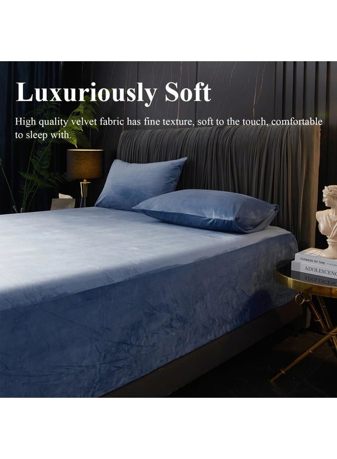 Ivellow Velvet Fitted Sheet Queen Size, 1 Pack Luxury Flannel Bed Sheets with 18” Extra Deep Pocket Queen Fitted Sheet Only Extra Soft Cozy Comfy Warmth Plush Blue Velvet Bottom Sheets No Pillowcases - Image 5