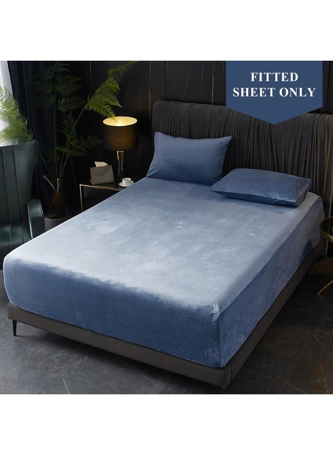 Ivellow Velvet Fitted Sheet Queen Size, 1 Pack Luxury Flannel Bed Sheets with 18” Extra Deep Pocket Queen Fitted Sheet Only Extra Soft Cozy Comfy Warmth Plush Blue Velvet Bottom Sheets No Pillowcases - Image 3