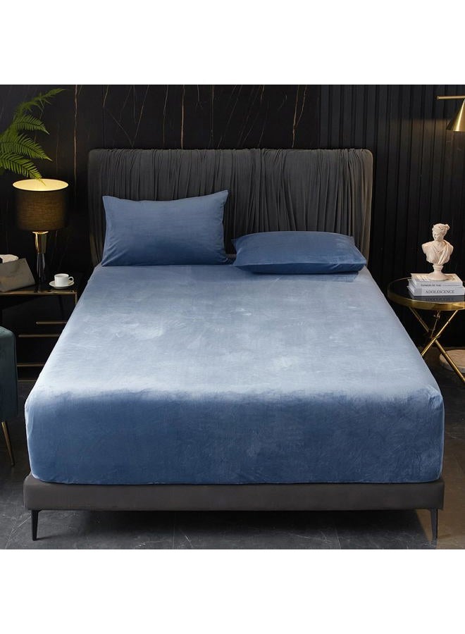 Ivellow Velvet Fitted Sheet Queen Size, 1 Pack Luxury Flannel Bed Sheets with 18” Extra Deep Pocket Queen Fitted Sheet Only Extra Soft Cozy Comfy Warmth Plush Blue Velvet Bottom Sheets No Pillowcases - Image 2