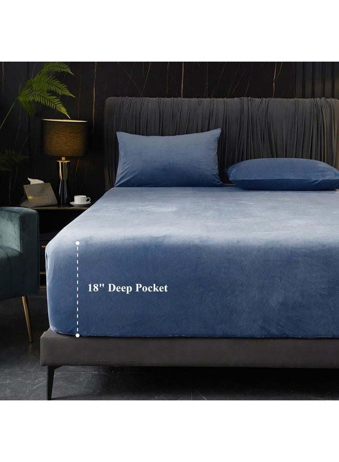 Ivellow Velvet Fitted Sheet Queen Size, 1 Pack Luxury Flannel Bed Sheets with 18” Extra Deep Pocket Queen Fitted Sheet Only Extra Soft Cozy Comfy Warmth Plush Blue Velvet Bottom Sheets No Pillowcases - Image 1