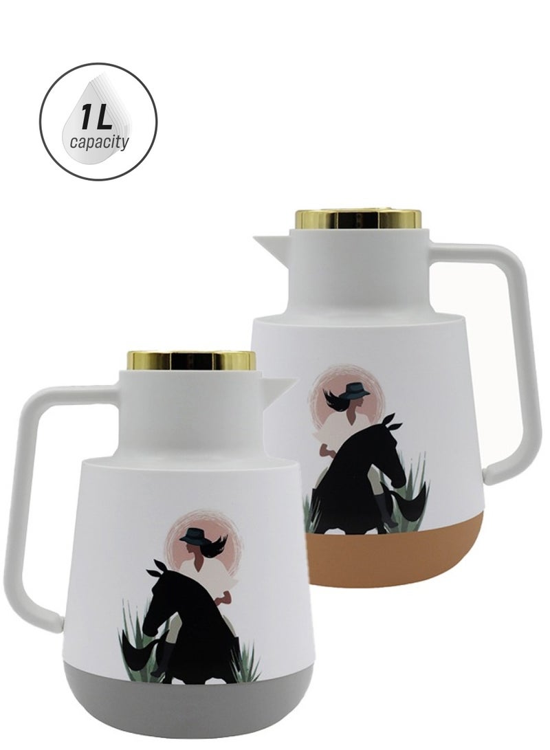 Yolo 2-Piece Plastic Coffee/Tea Vacuum Flask 1 Liter Each -Biege and Grey - Image 1