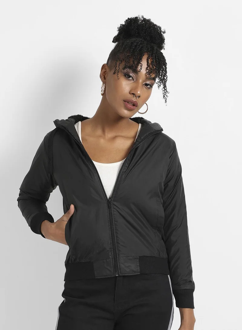 كامبوس سوترا Women's Onyx Black Zip-Front Bomber Jacket For Casual Wear | Hooded Neck | Long Cuffed Sleeves | Zipper Closure | Jacket Crafted With Comfort Fit For Everyday Wear