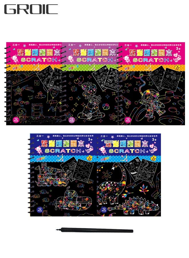 GROIC 5 Pack Scratch Arts Drawing Notebook Paper for Kids Art Supplies, Scratch Paper Art Books Creative Coloring Drawing Toys Kit, Dinosaur + Transportation + Universe + Mermaid + Monster - Image 1