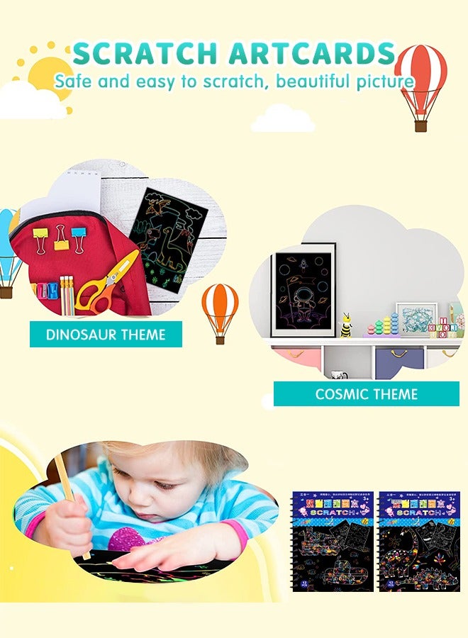 GROIC 5 Pack Scratch Arts Drawing Notebook Paper for Kids Art Supplies, Scratch Paper Art Books Creative Coloring Drawing Toys Kit, Dinosaur + Transportation + Universe + Mermaid + Monster - Image 2