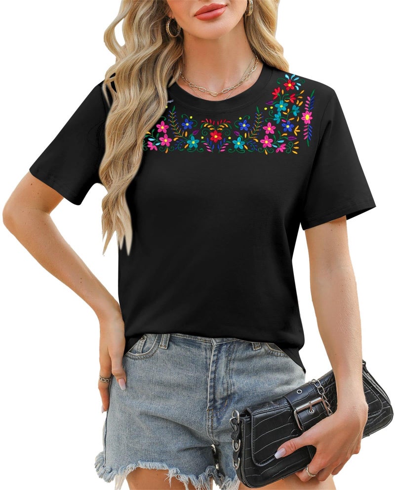 VILOVE Women Mexican Embroidered Shirt Mexico T-Shirt Traditional Summer Blouse Boho Floral Embroidery Tunic Black - Image 1
