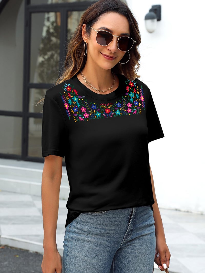 VILOVE Women Mexican Embroidered Shirt Mexico T-Shirt Traditional Summer Blouse Boho Floral Embroidery Tunic Black - Image 4