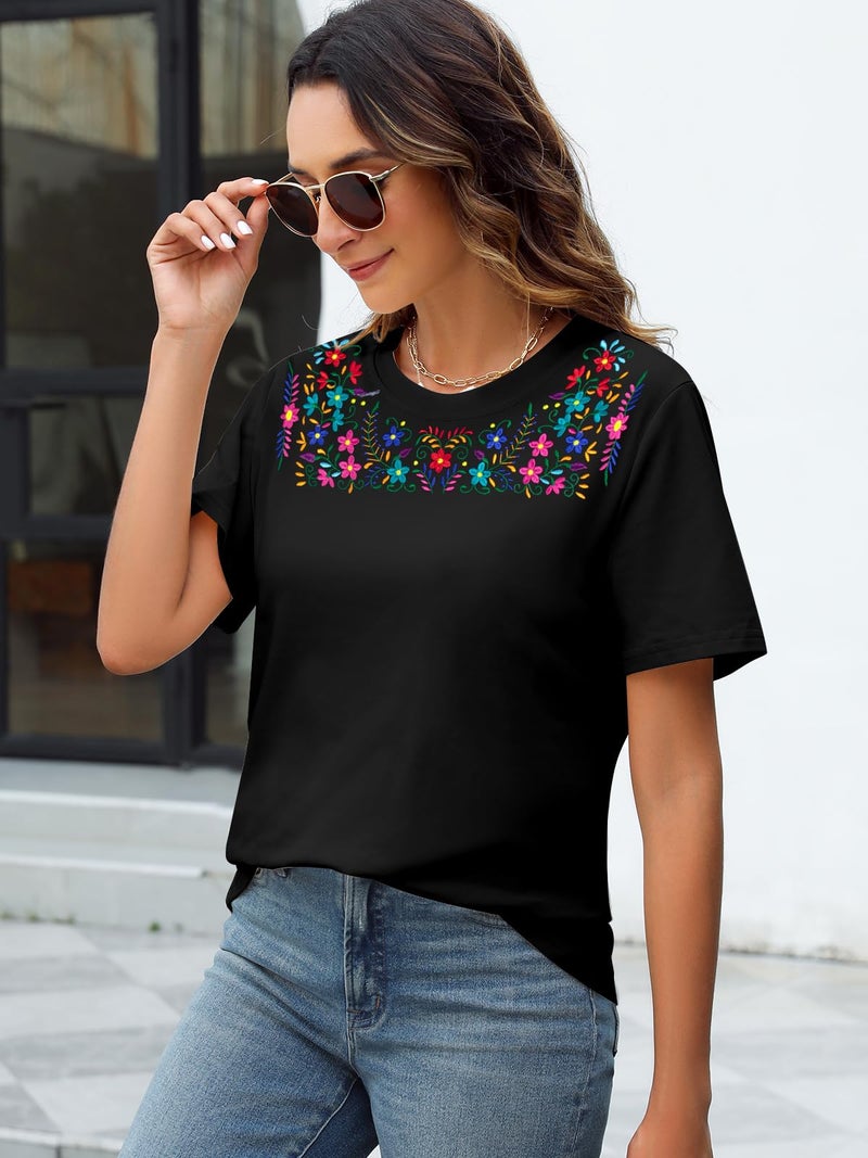 VILOVE Women Mexican Embroidered Shirt Mexico T-Shirt Traditional Summer Blouse Boho Floral Embroidery Tunic Black - Image 5