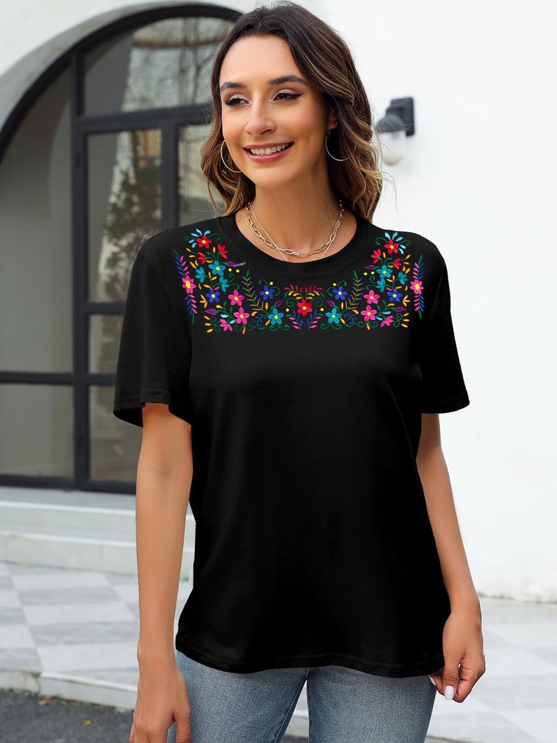 VILOVE Women Mexican Embroidered Shirt Mexico T-Shirt Traditional Summer Blouse Boho Floral Embroidery Tunic Black - Image 2